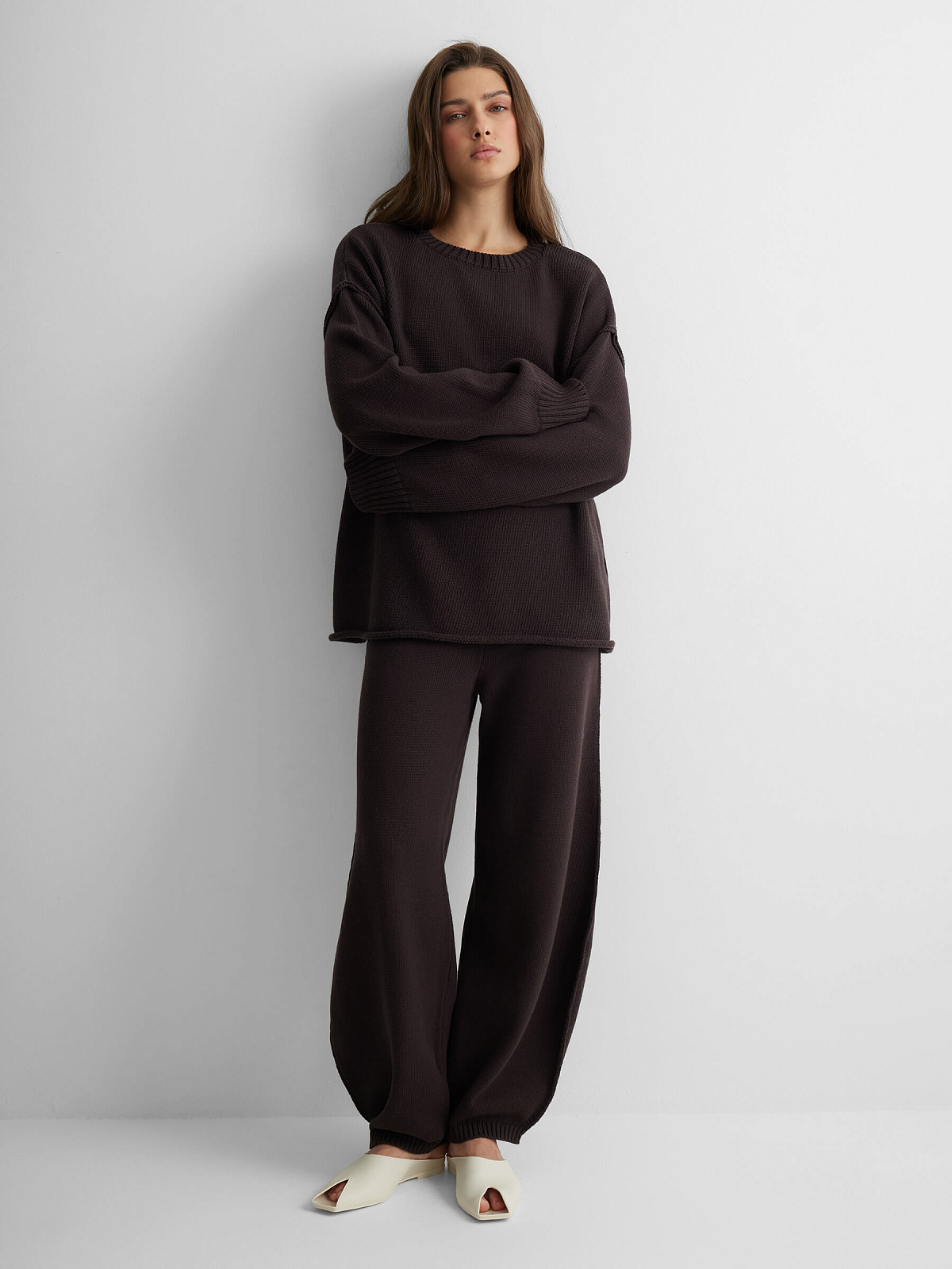 Брюки объемные из 100% хлопка, коричневый