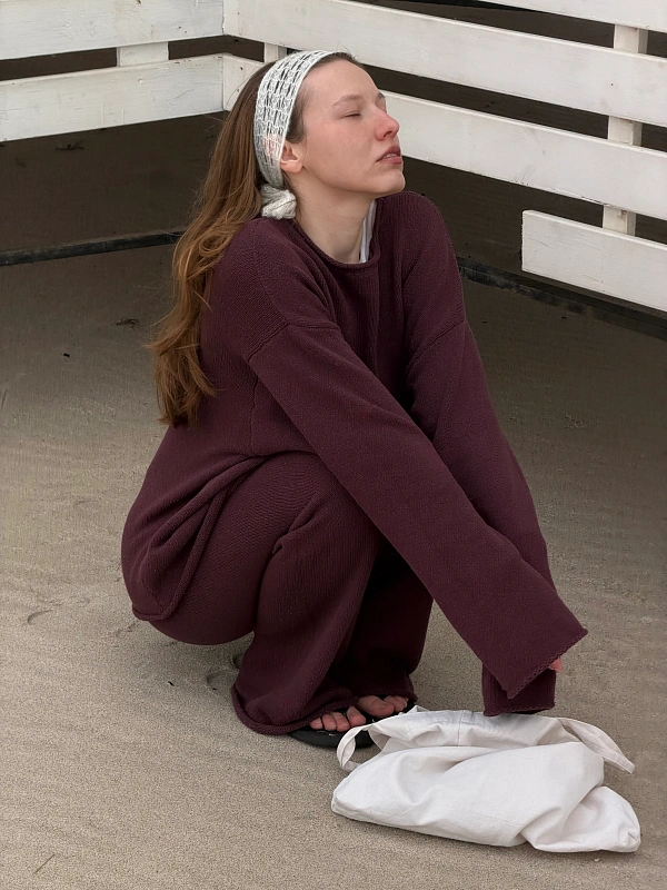 Брюки клеш из хлопка букле, сливовый, фото 1