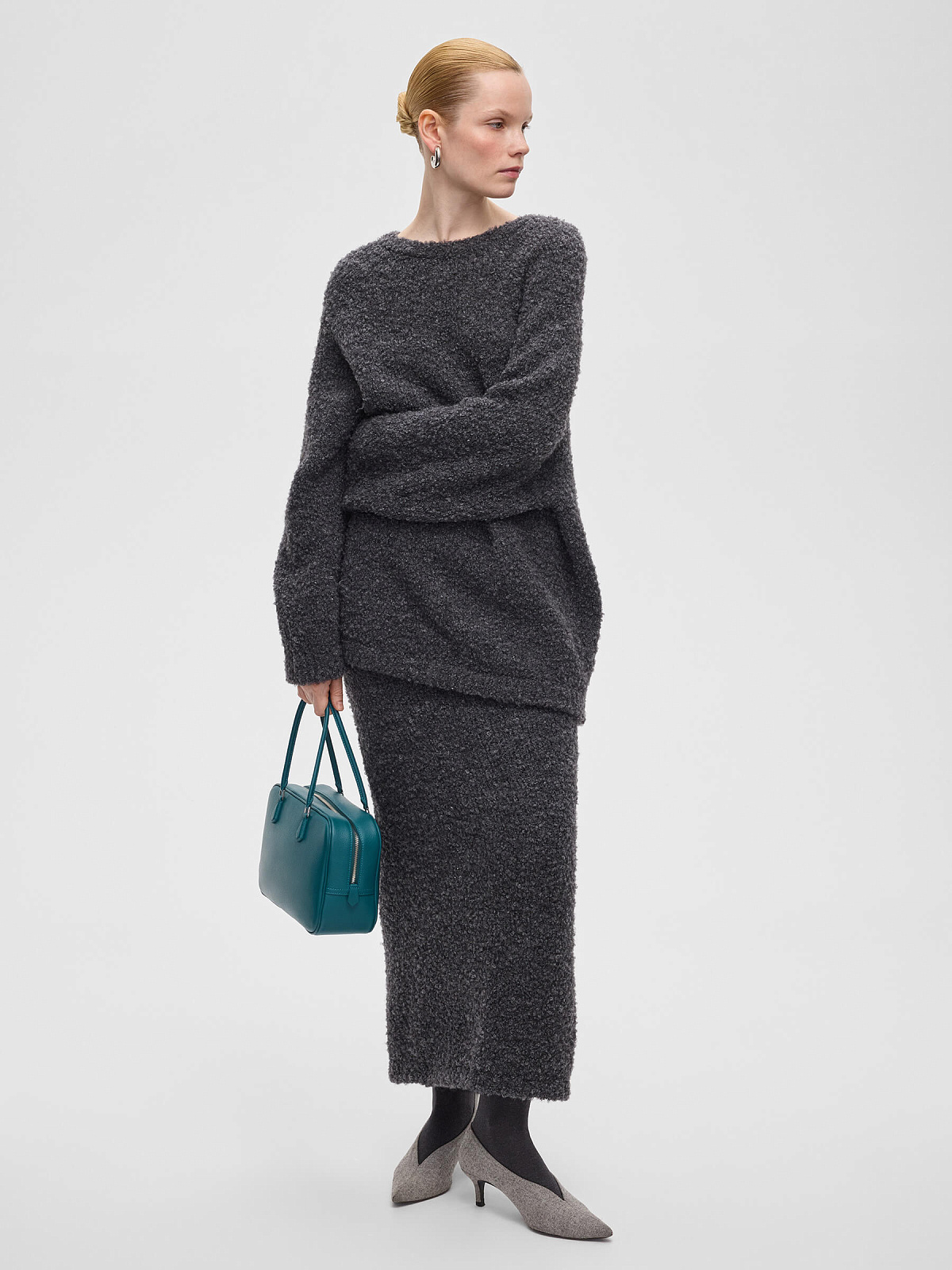 Джемпер удлиненный букле из альпаки и шерсти, серый