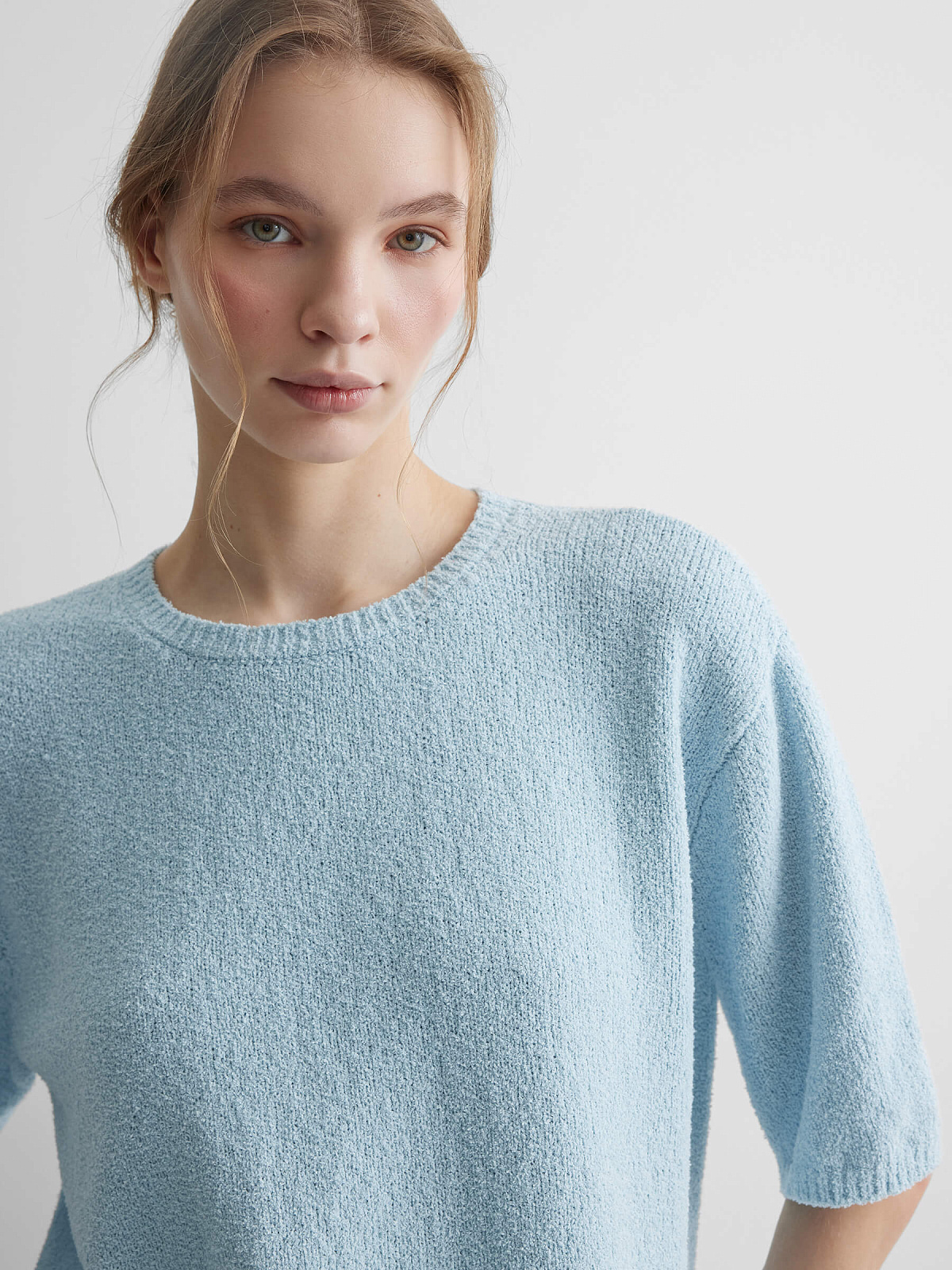 Джемпер с коротким рукавом из хлопка букле, светло-голубой