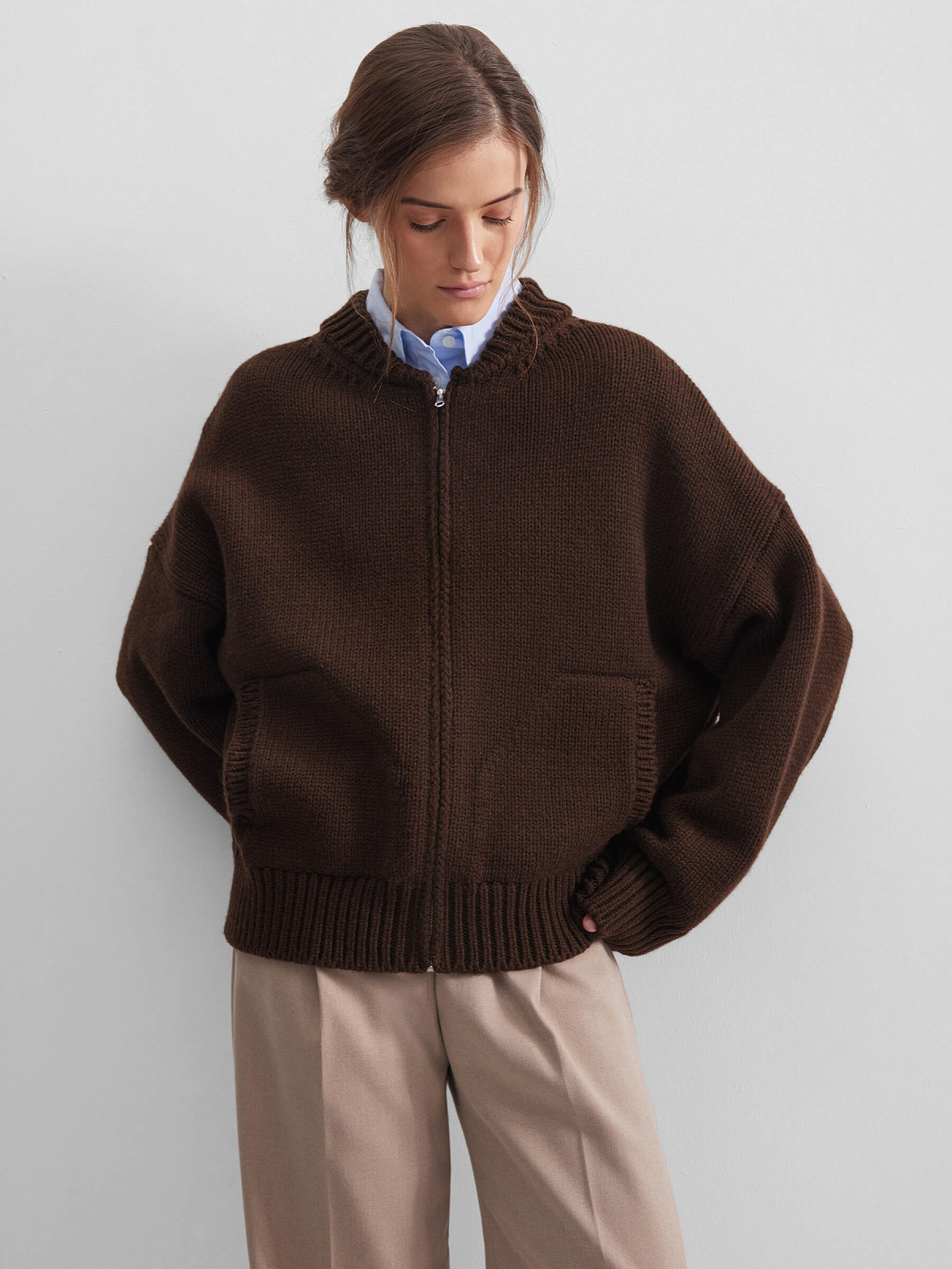 Вязаный бомбер, коричневый