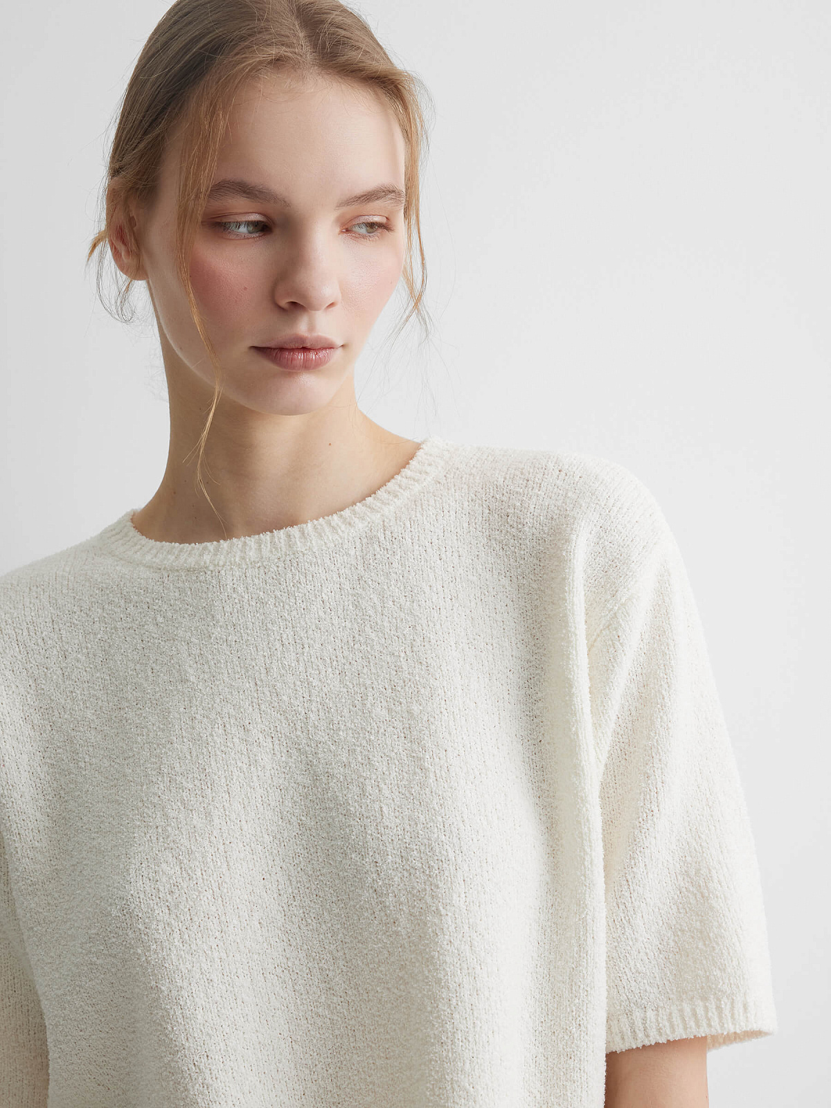 Джемпер с коротким рукавом из хлопка букле, белый