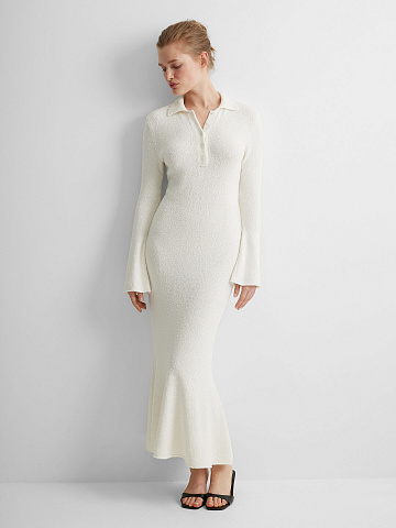 Платье поло с длинным рукавом из хлопка букле, белый