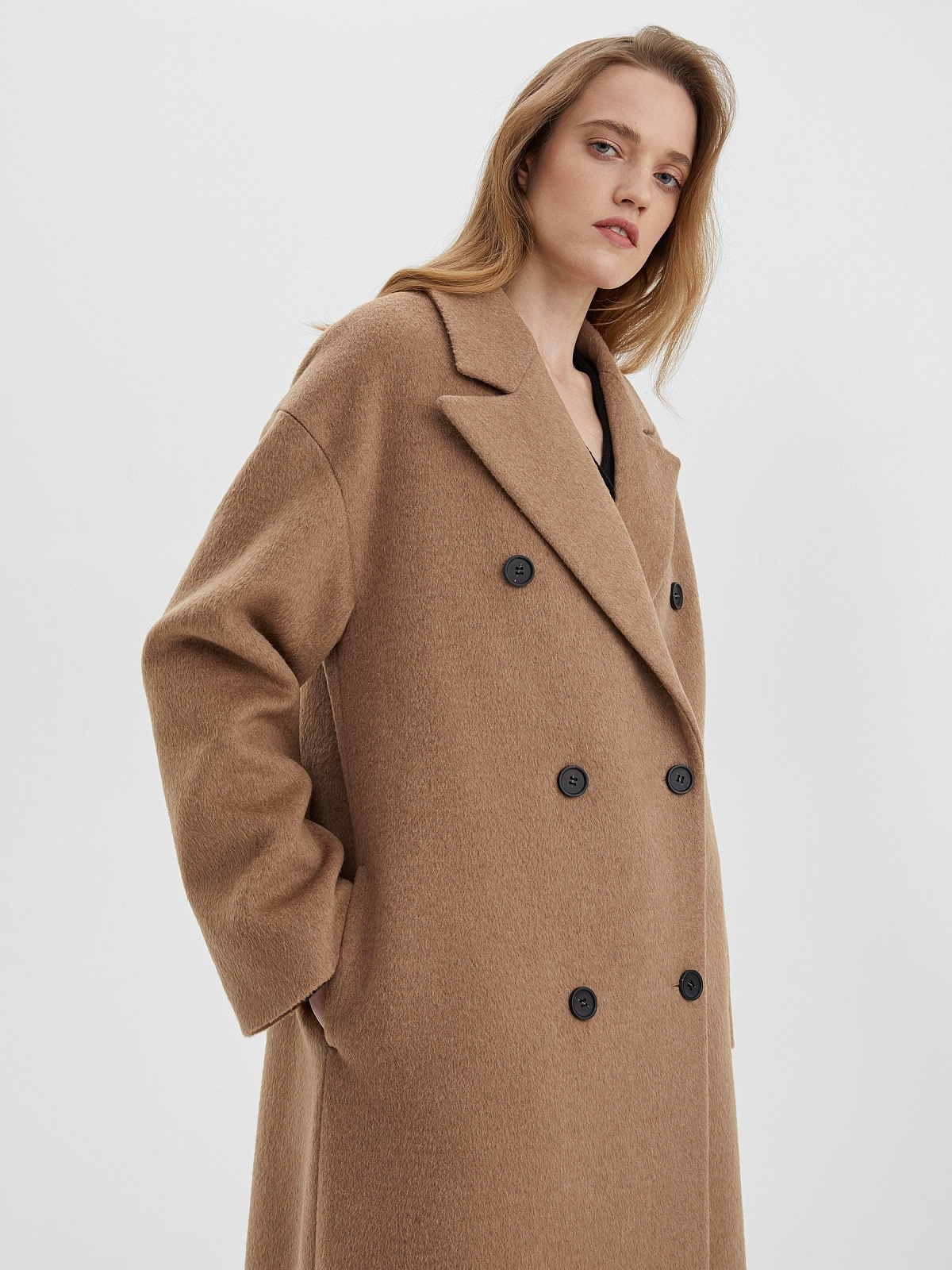 Пальто А-силуэта двубортное удлинённое, коричневый