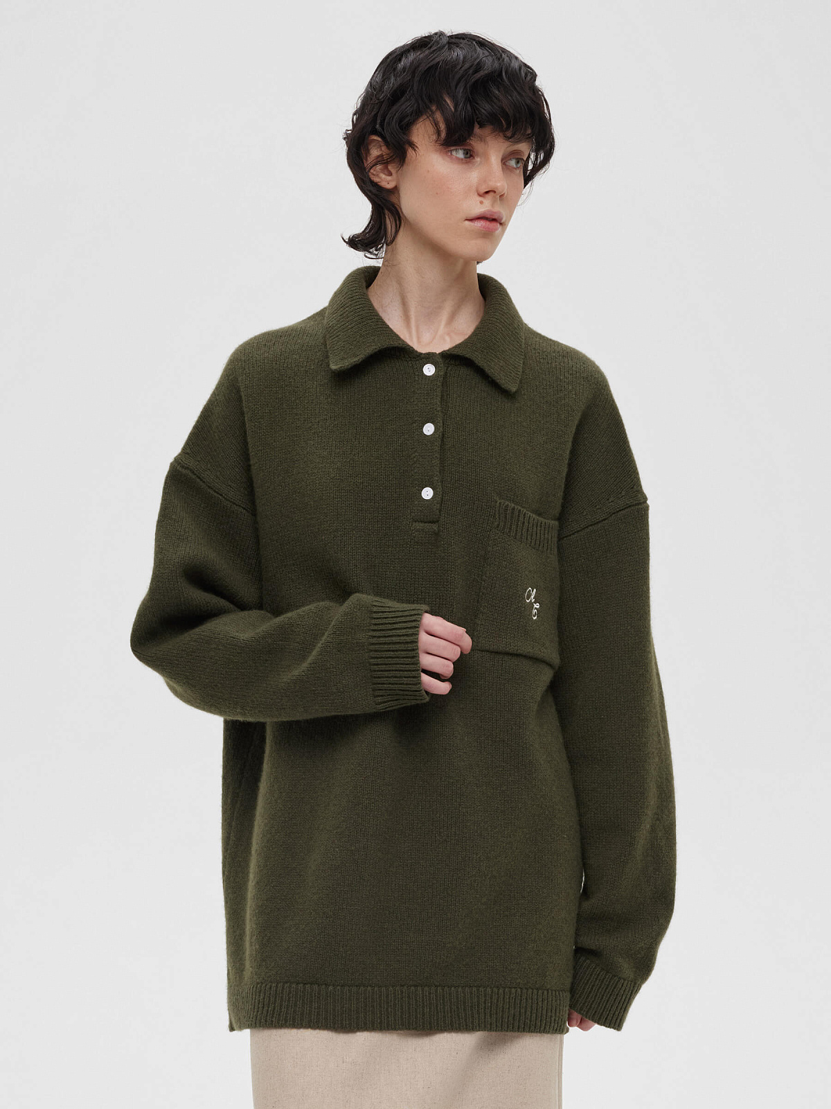 Удлиненный джемпер регби с вышивкой, темно-зеленый