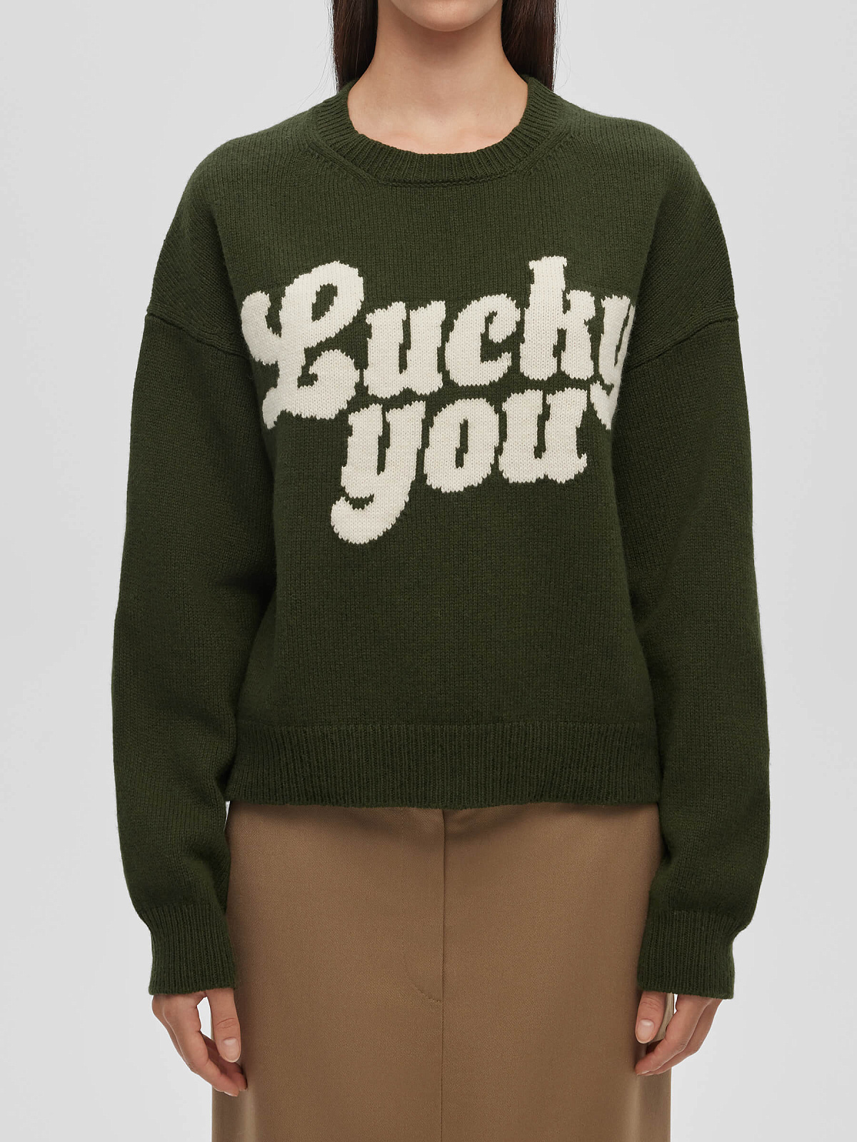 Джемпер с интарсией Lucky you, зелено-молочный