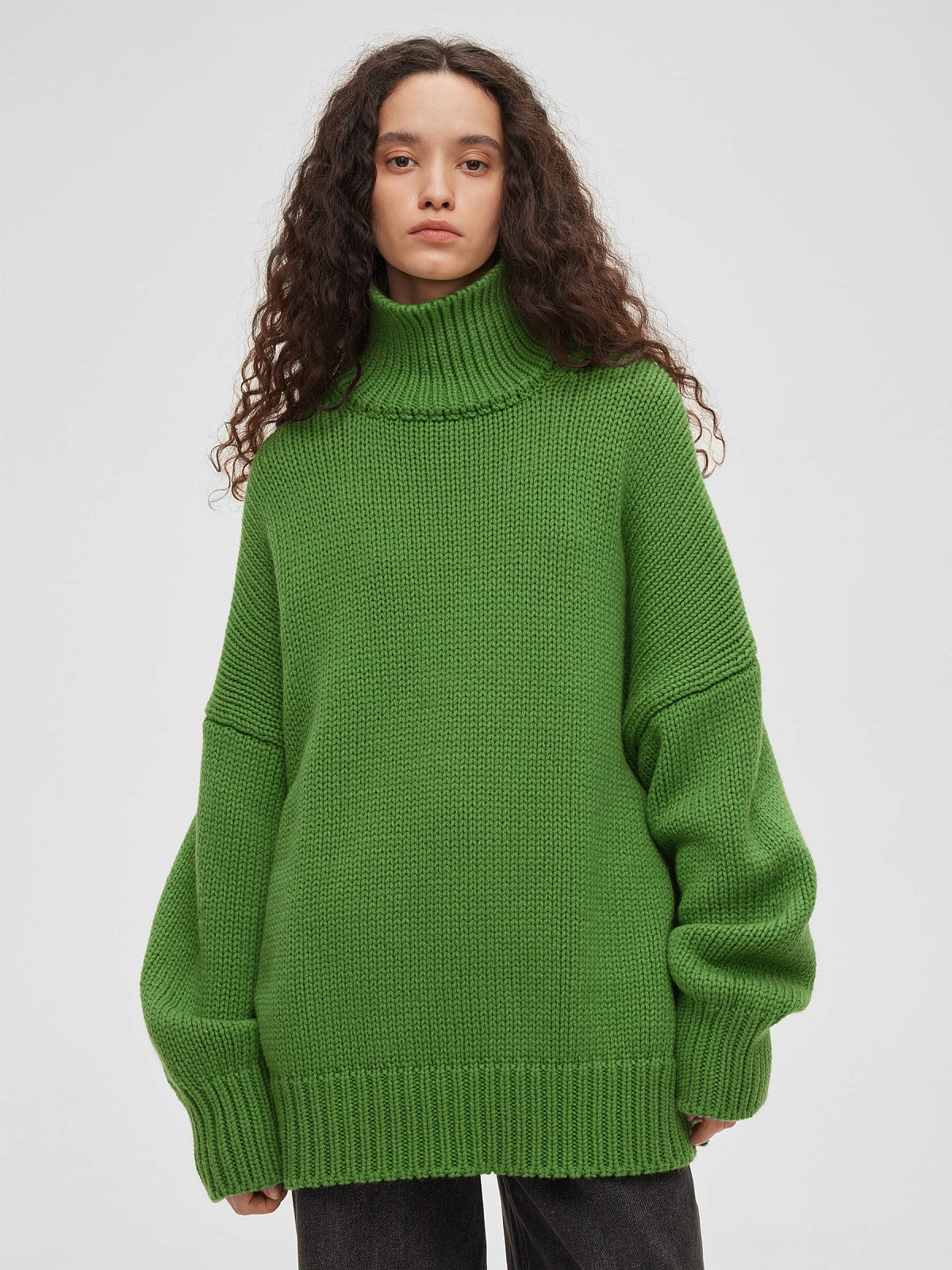 Свитер свободного кроя крупной вязки, зеленый