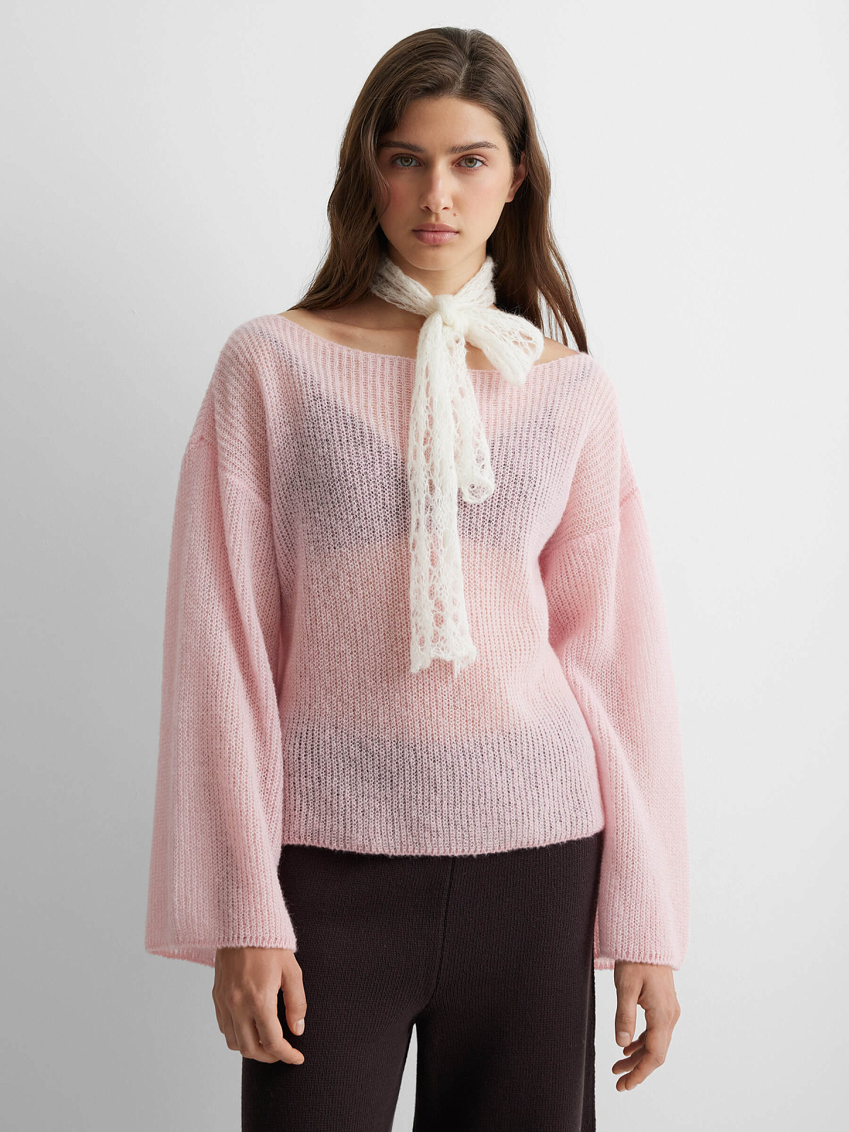 Шарф ажурный из мохера, молочный