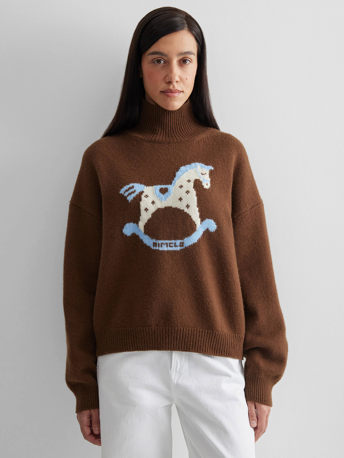 Свитер с интарсией лошадка, коричневый