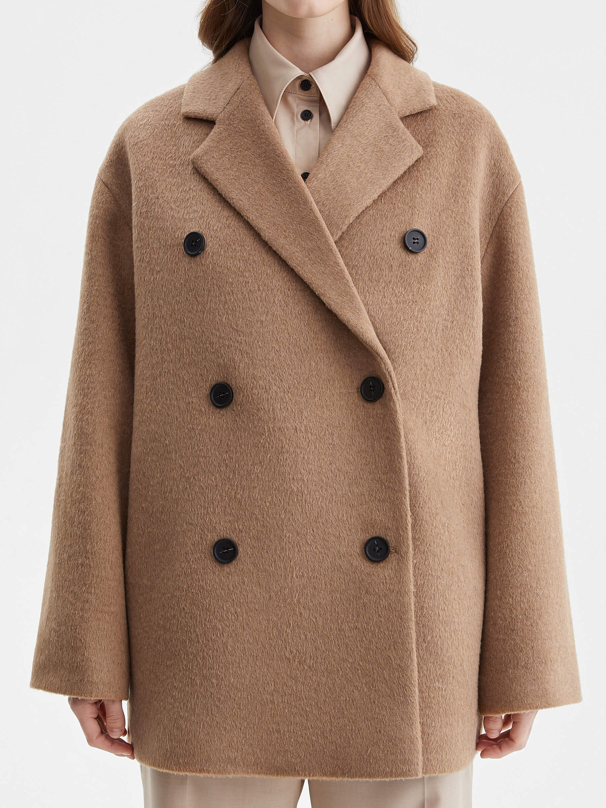 Пальто двубортное укороченное, коричневый