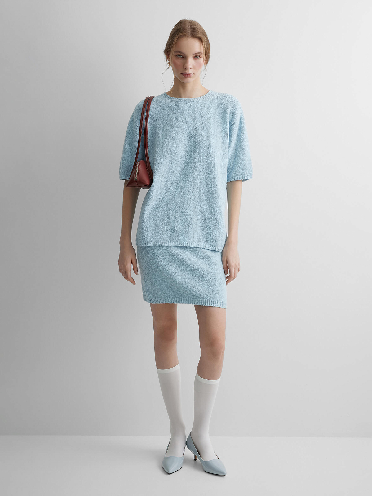 Джемпер с коротким рукавом из хлопка букле, светло-голубой