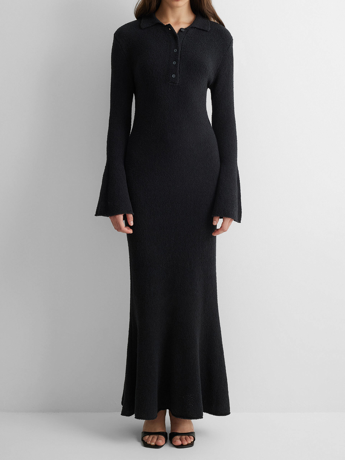 Платье поло с длинным рукавом из хлопка букле, черный