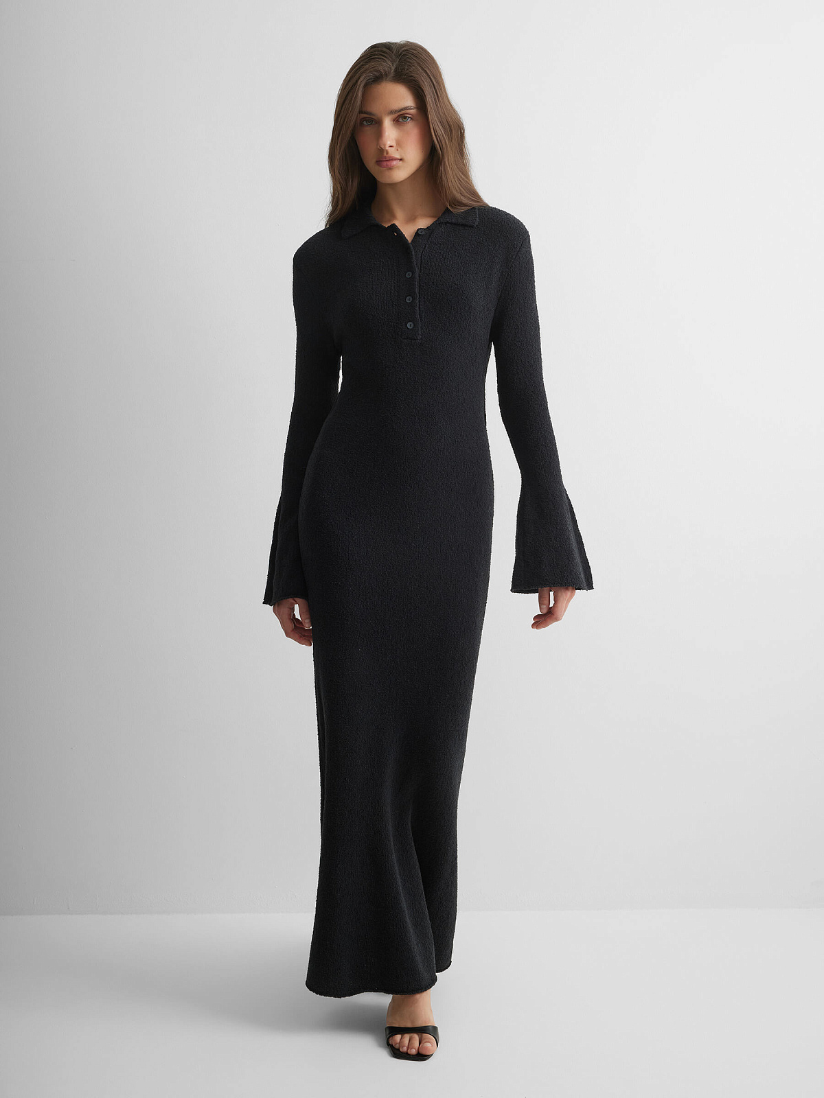 Платье поло с длинным рукавом из хлопка букле, черный