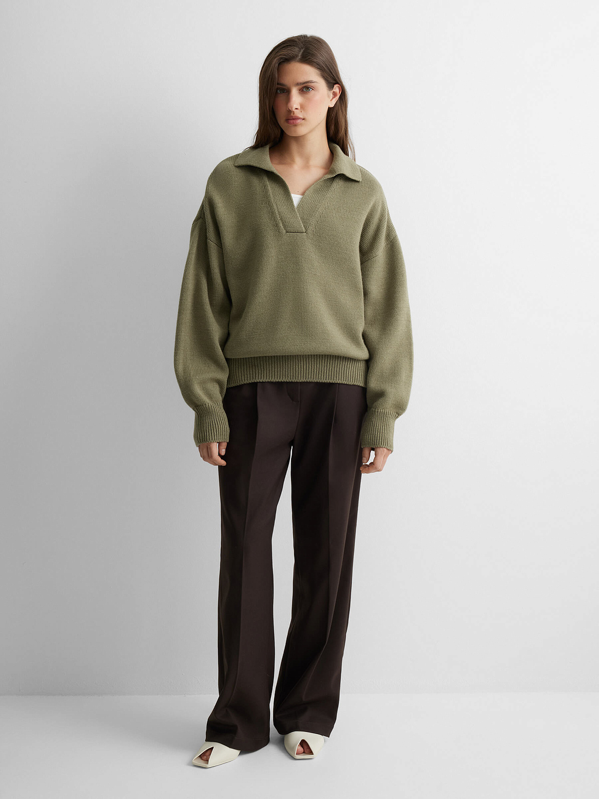 Джемпер-поло свободного кроя, светлый хаки