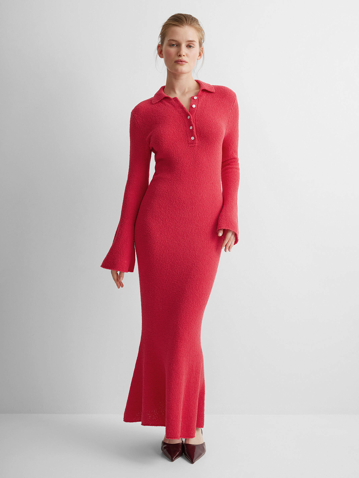 Платье поло с длинным рукавом из хлопка букле, красный