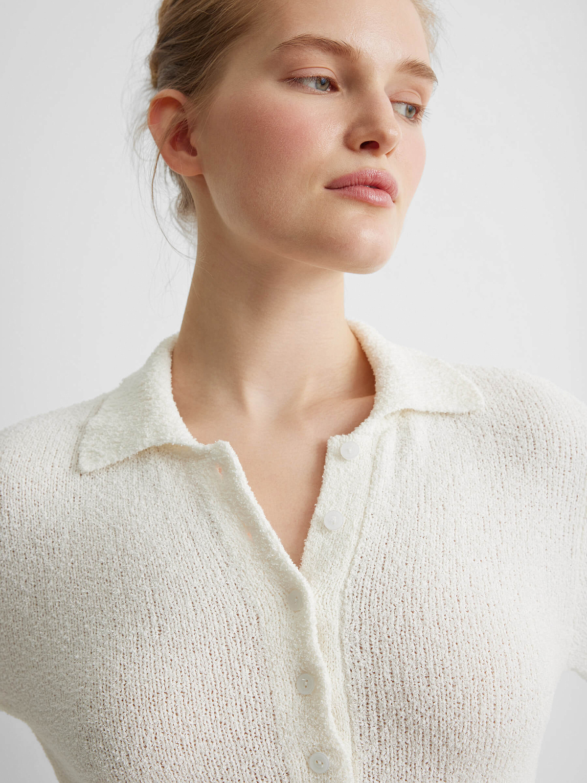 Платье поло с длинным рукавом из хлопка букле, белый