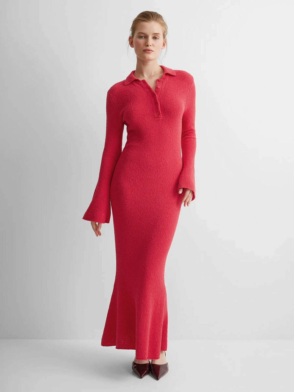 Платье поло с длинным рукавом из хлопка букле, красный, фото 2