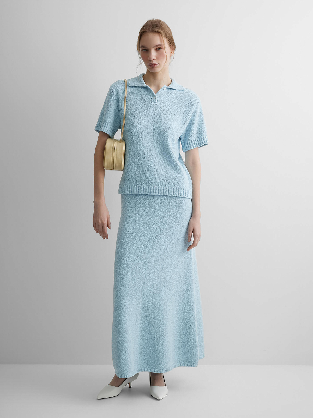 Поло с коротким рукавом из хлопка букле, светло-голубой