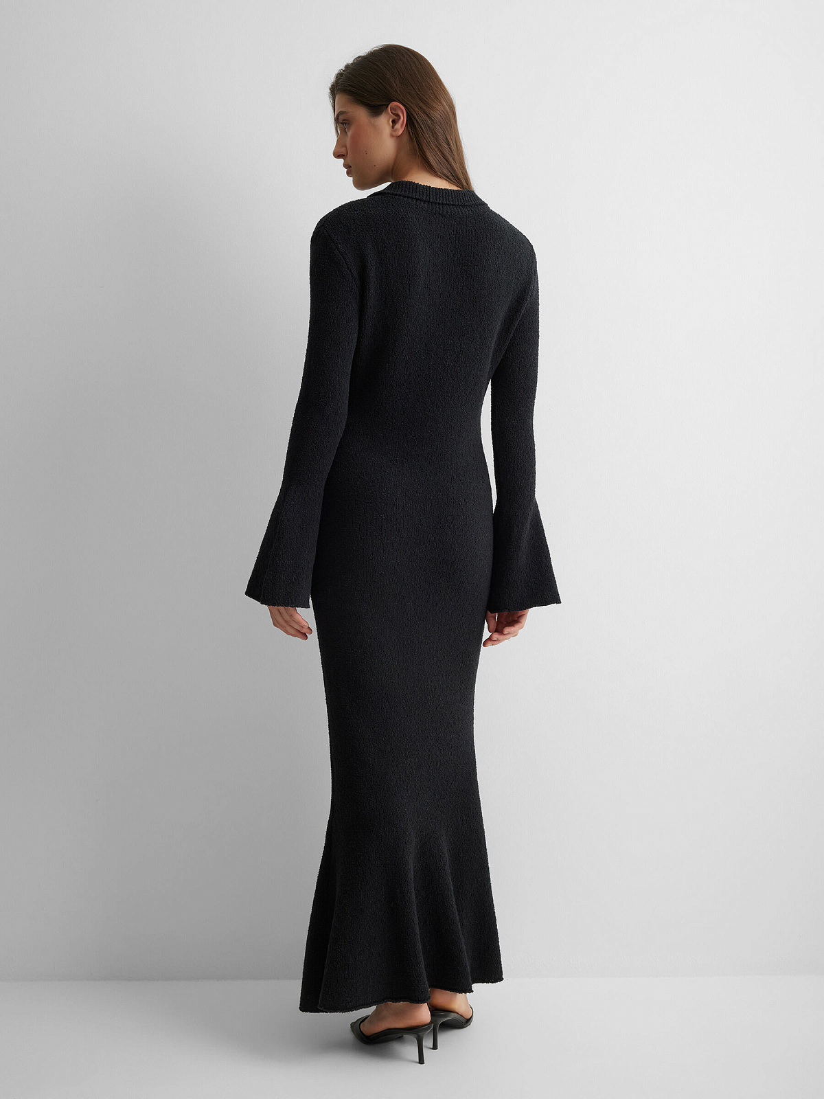 Платье поло с длинным рукавом из хлопка букле, черный