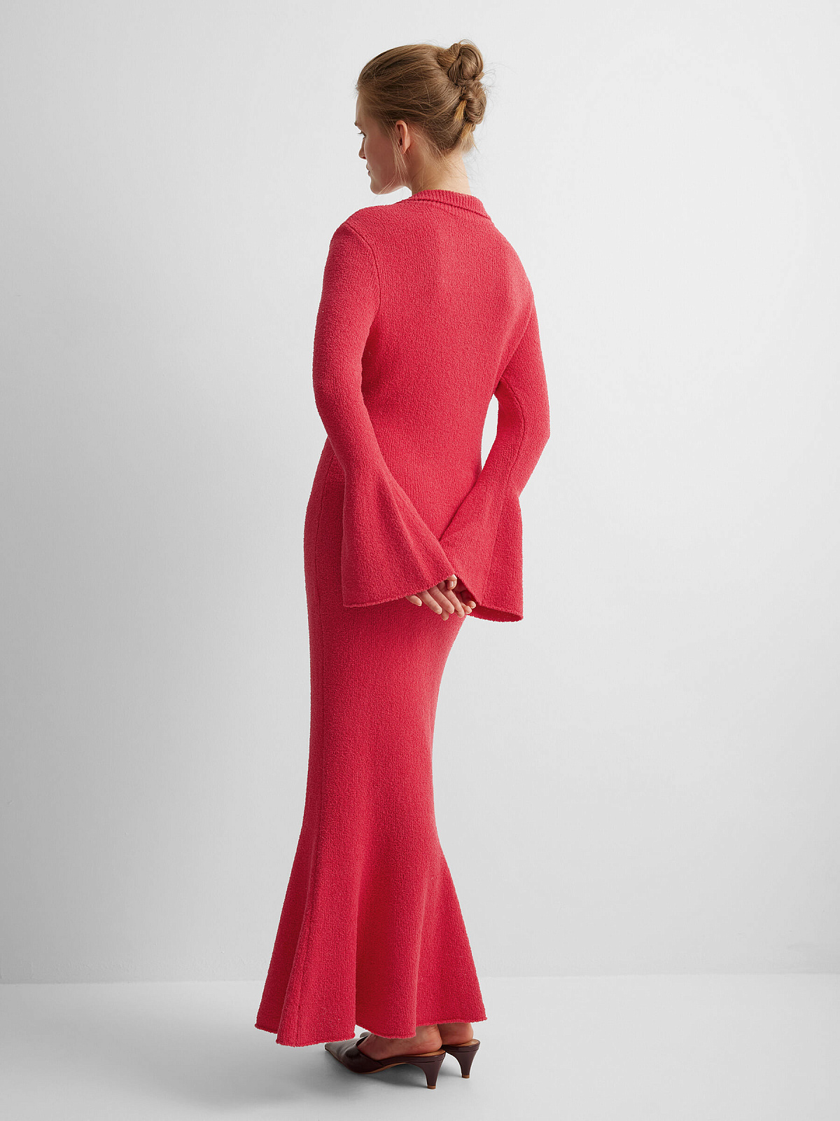 Платье поло с длинным рукавом из хлопка букле, красный