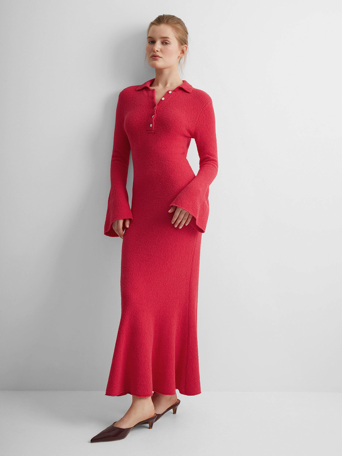 Платье поло с длинным рукавом из хлопка букле, красный