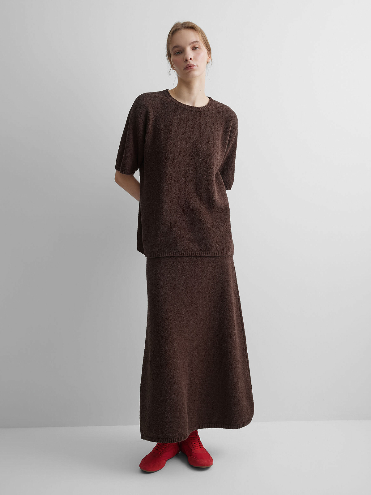 Юбка А-образного силуэта из хлопка букле, коричневый