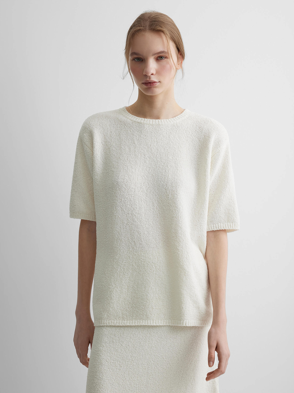 Джемпер с коротким рукавом из хлопка букле, белый