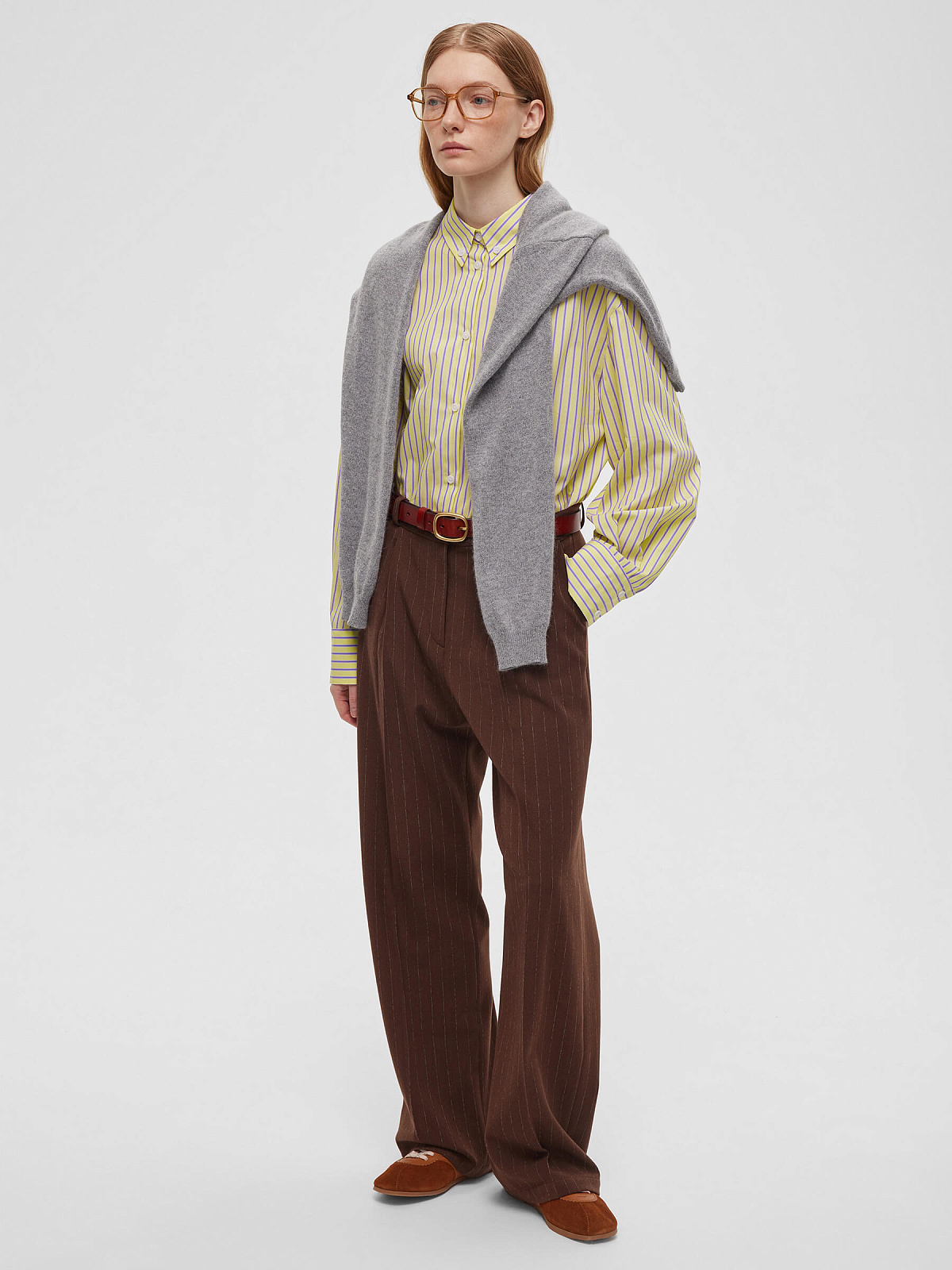 Брюки свободного кроя в полоску 0185, коричневый