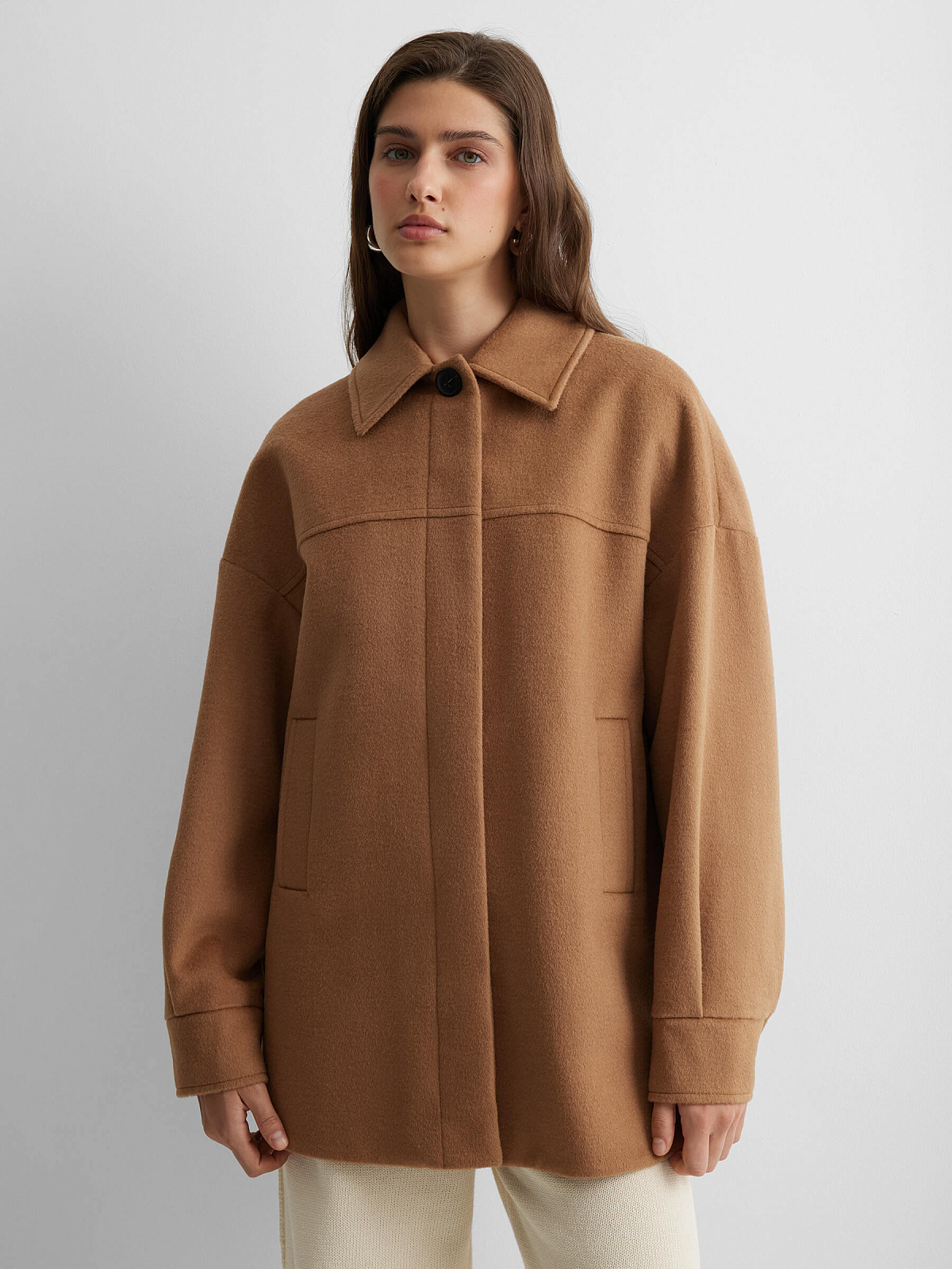 Пальто рубашечного кроя с потайной застежкой, кэмел, фото 1