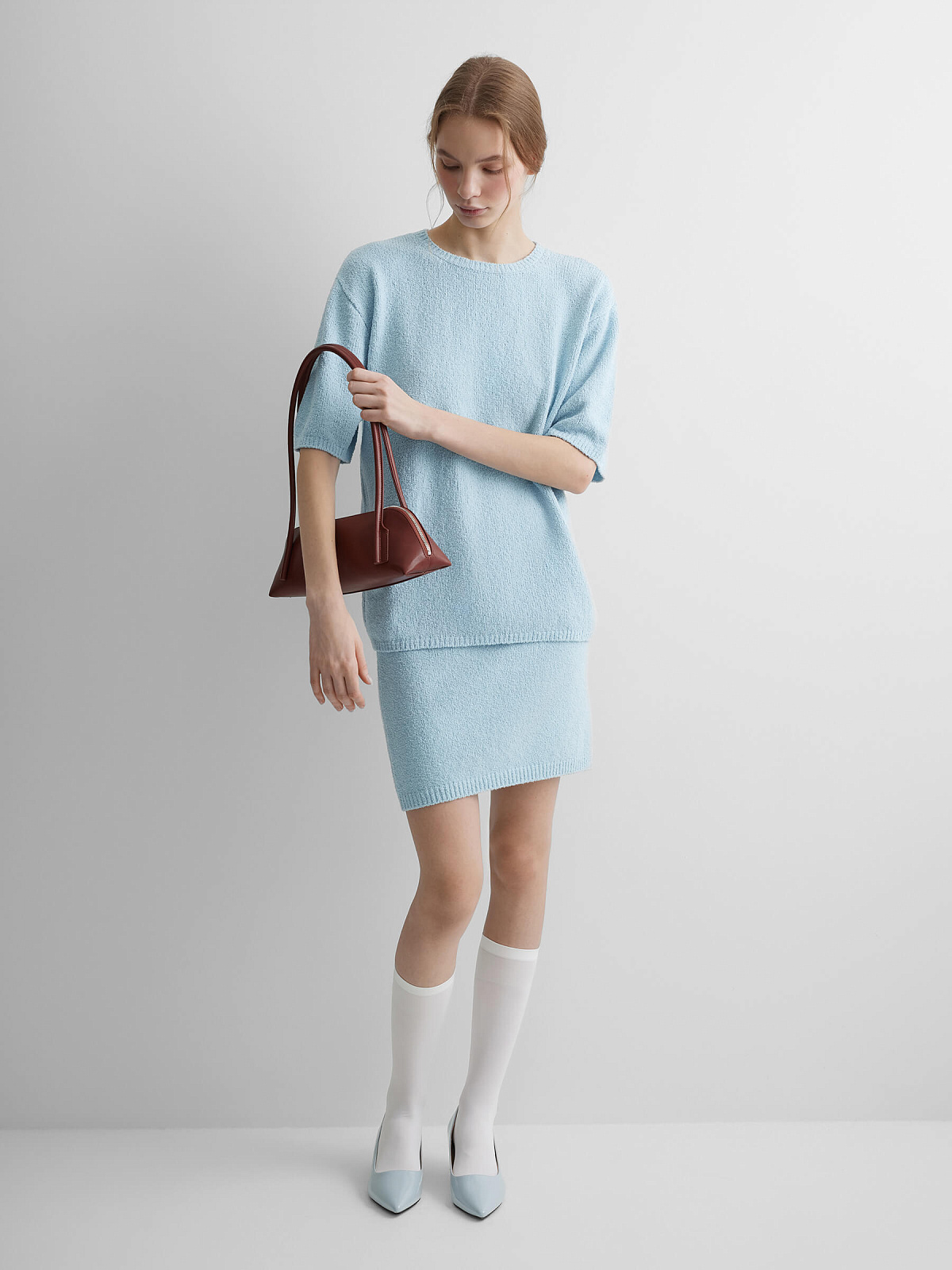 Юбка-мини из хлопка букле, светло-голубой