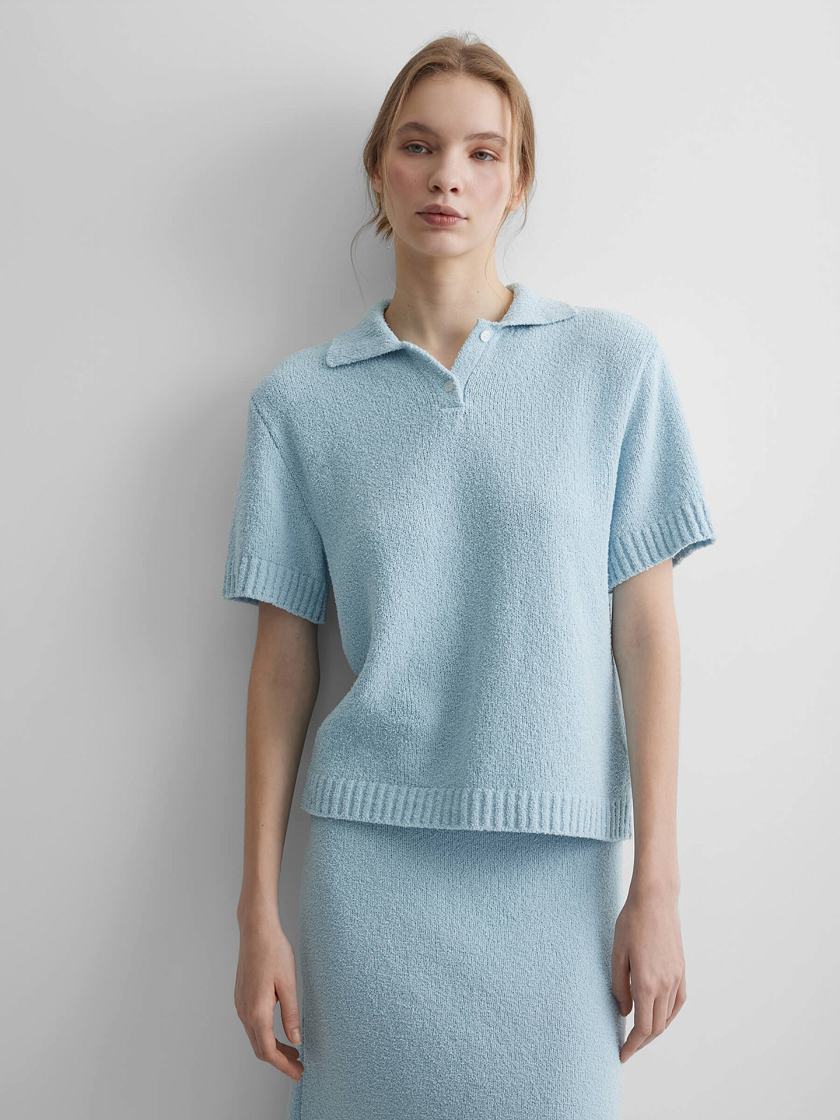 Поло с коротким рукавом из хлопка букле, светло-голубой