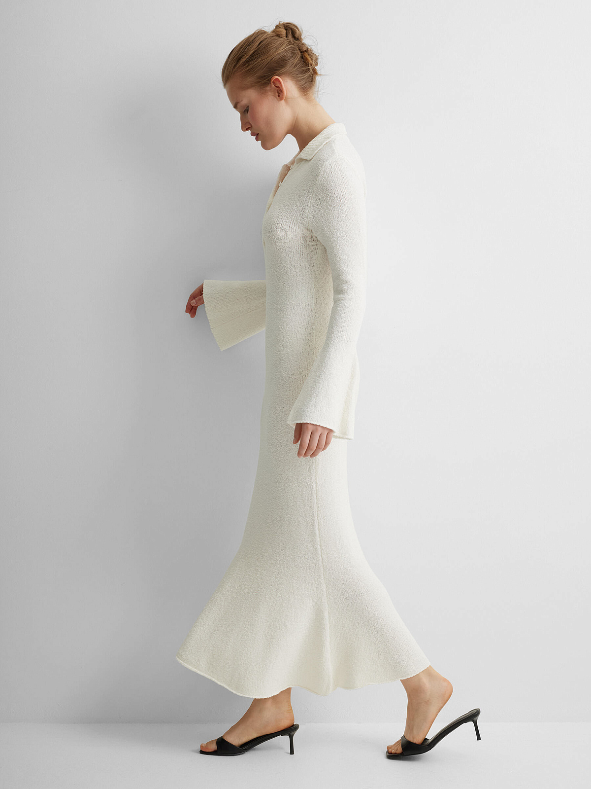 Платье поло с длинным рукавом из хлопка букле, белый