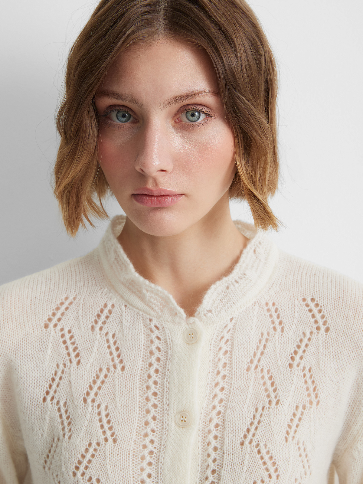 Кардиган из мохера с ажуром, молочный, фото 3