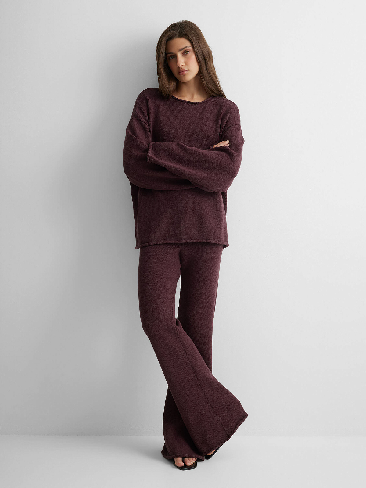 Брюки клеш из хлопка букле, сливовый