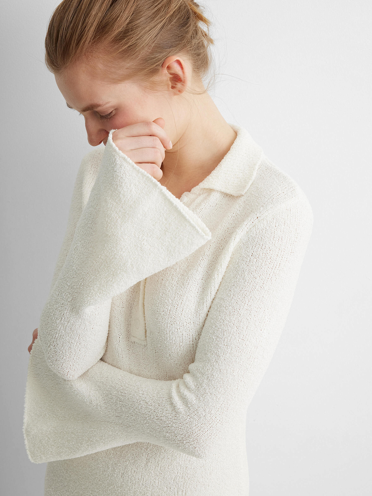 Платье поло с длинным рукавом из хлопка букле, белый