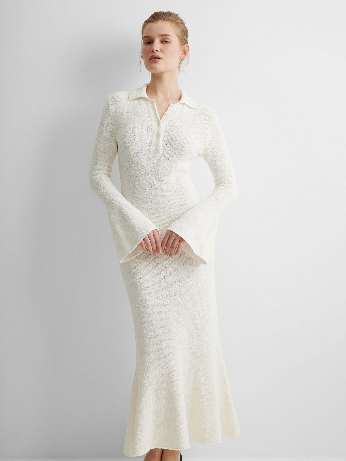 Платье поло с длинным рукавом из хлопка букле, белый