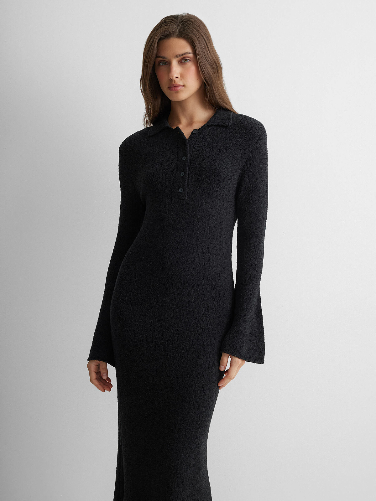 Платье поло с длинным рукавом из хлопка букле, черный