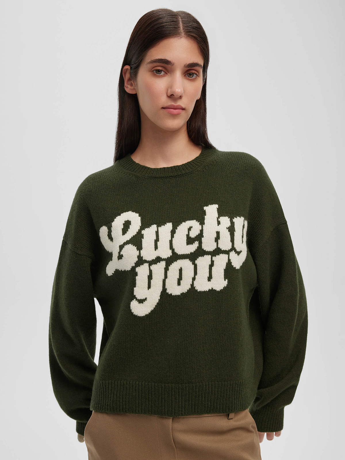 Джемпер с интарсией Lucky you, зелено-молочный