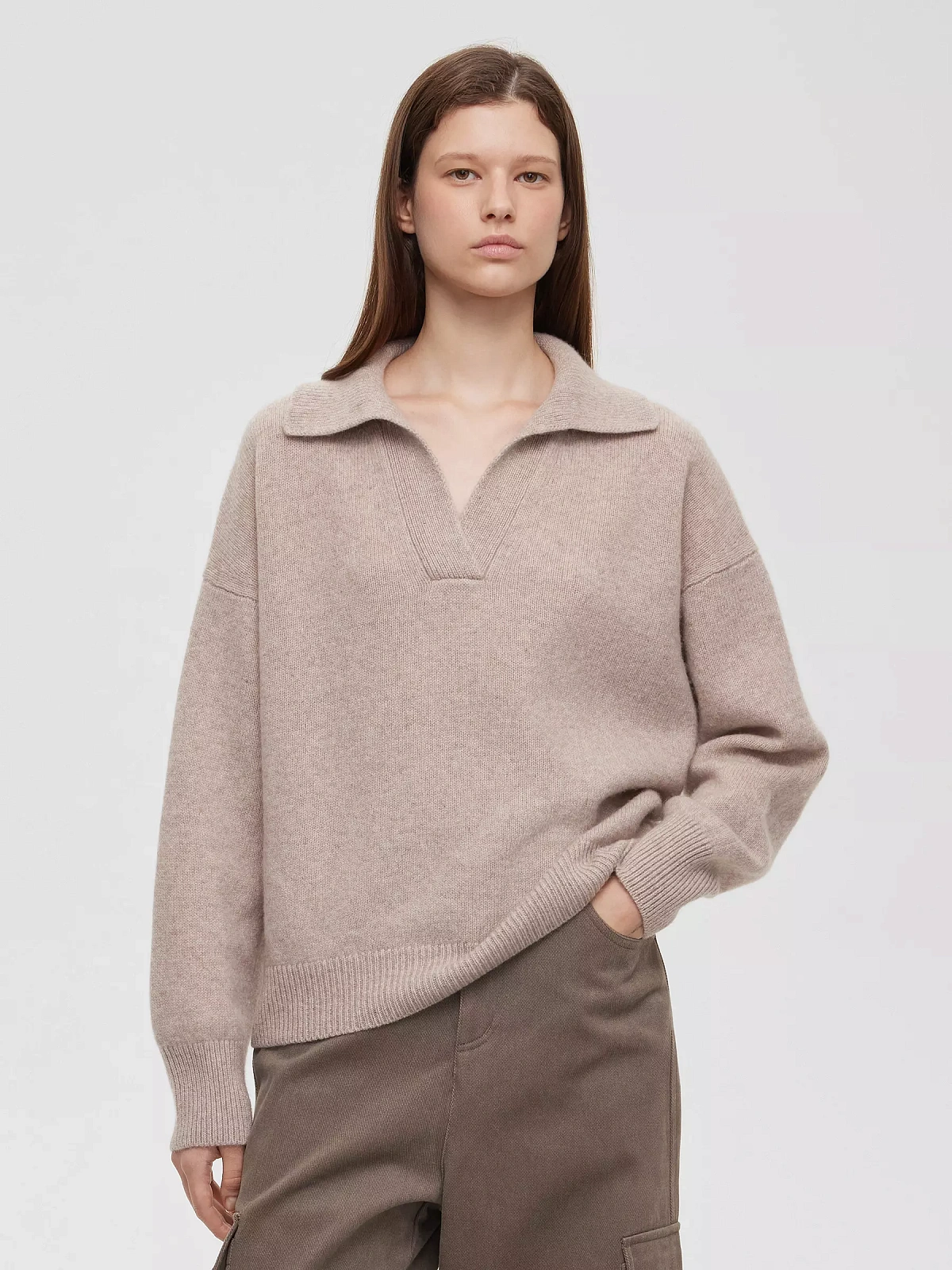 Джемпер-поло свободного кроя из кашемира и шерсти, бежевый