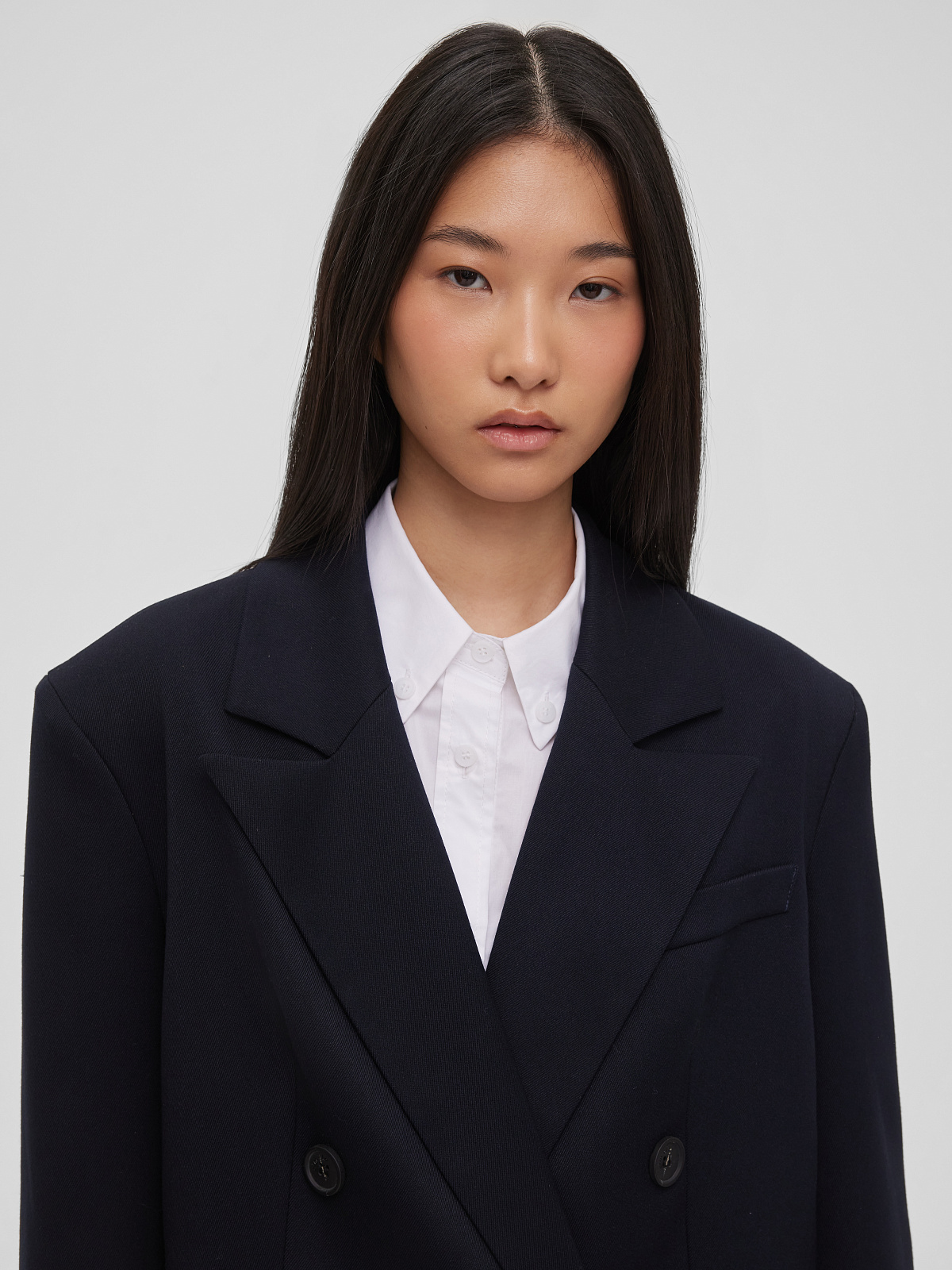 Жакет свободного кроя двубортный, темно-синий