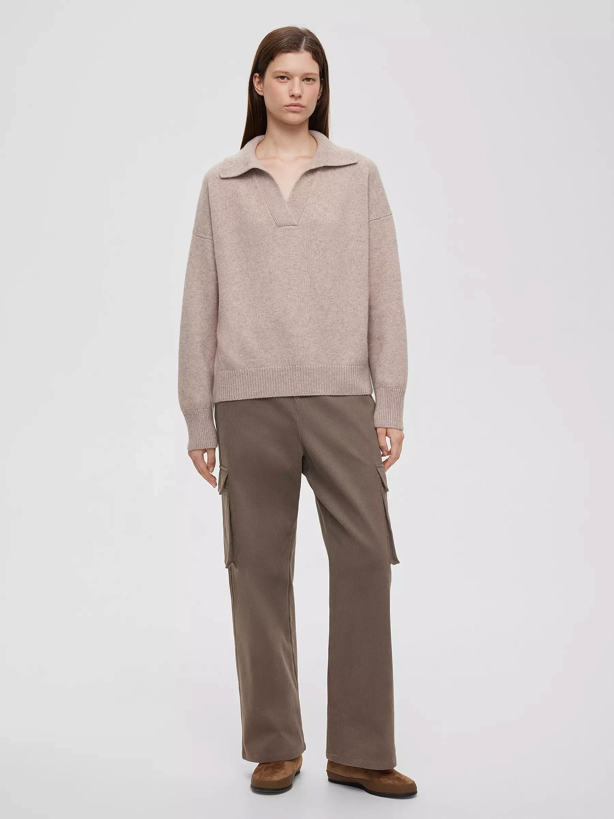 Джемпер-поло свободного кроя из кашемира и шерсти, бежевый