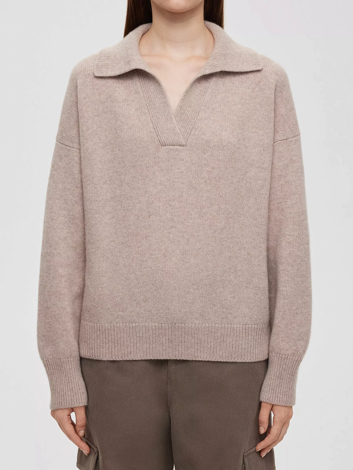 Джемпер-поло свободного кроя из кашемира и шерсти, бежевый